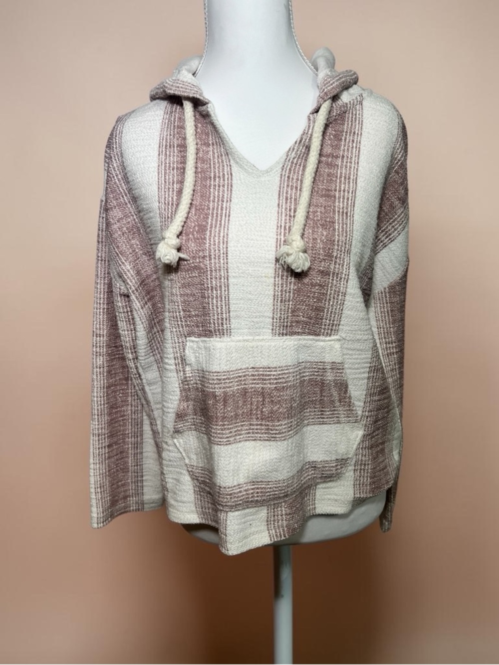 Ocean Drive Striped Hooded Baja-Style Pullover cream/dusty rose Sz. S